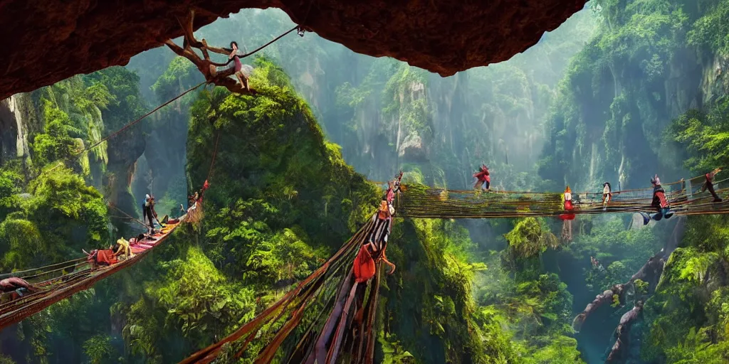 Prompt: wide angle view of colorful clothing fashion models crossing a suspended rope bridge over a deep canyon, mountainous jungle setting, trees, waterfall, river, rocks, dramatic lighting, highly detailed, artstation, unreal engine, matte painting in the style of craig mullins, Uncharted 4, fish eye lens, 8k HDR