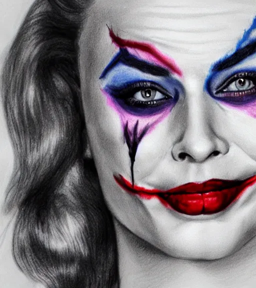 Image similar to margot robbie with joker makeup, pencil drawing, realistic face, beautiful eyes, smiling, hyper realistic, highly detailed