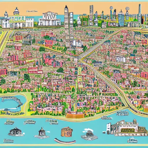 Prompt: highly detailed map of Washington D.c., intricate, hyperdetailed, in the style of busytown