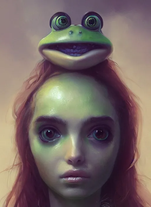 Image similar to portrait of my ethereal waifu cute innocent green slimy alien female froggy lady, ana de armas, with adorable uwu eyes painted by greg rutkowski, wlop, 7 0 s scifi