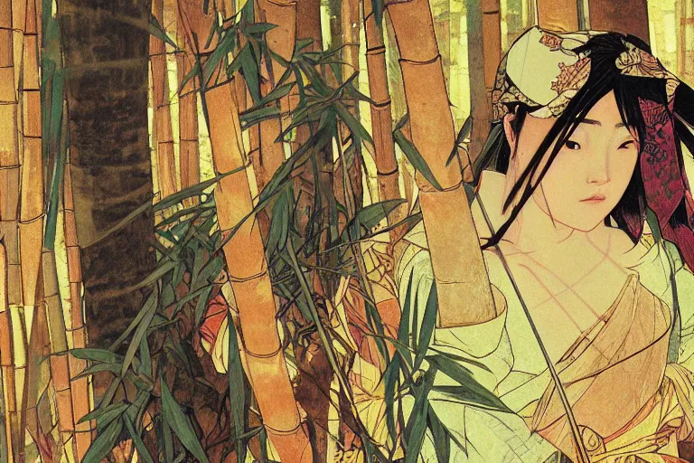 Prompt: close up of a wounded samurai in full armor being tendered by a kunoishi, in a mysterious and bamboo forest, golden hour, by fiona staples, range murata, alphonse mucha