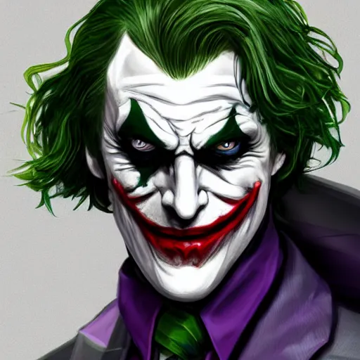 Image similar to Joker wearing armor, artstation, highly detailed, highly realistic