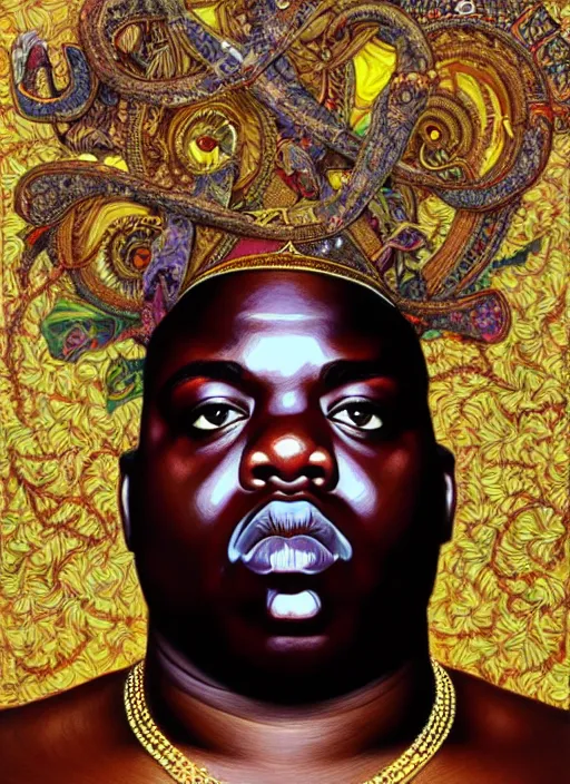 Image similar to : notorious big , fantasy magic,  , intricate, sharp focus, illustration, highly detailed, digital painting, concept art, jahbu art and Paul lewin and kehinde wiley, masterpiece