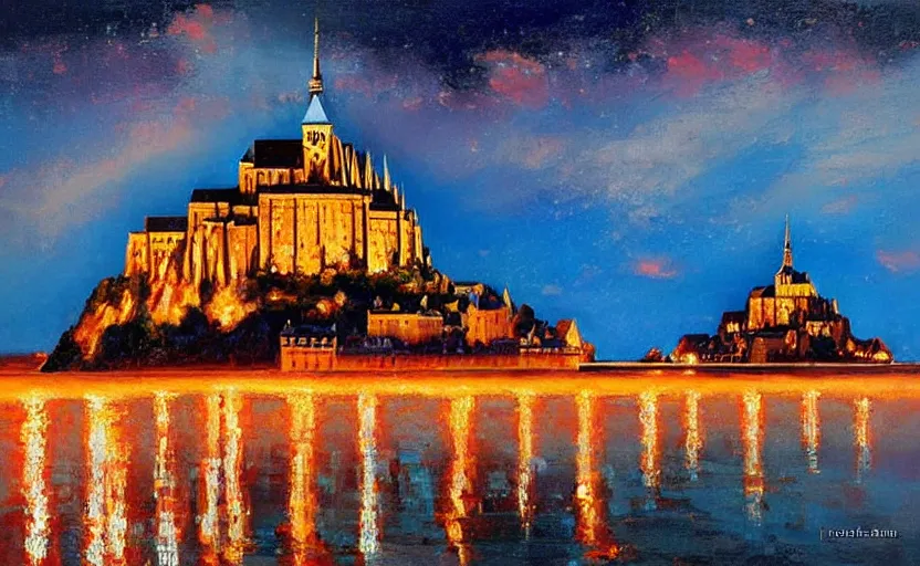 Image similar to Mont Saint Michel on fire at nighttime. Flames, burning. By Konstantin Razumov, highly detailed