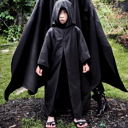 Image similar to mazoku, pale - skinned demon boy, yokai boy wearing vantablack cloak, vantablack cape, darkest black possible, zero depth black