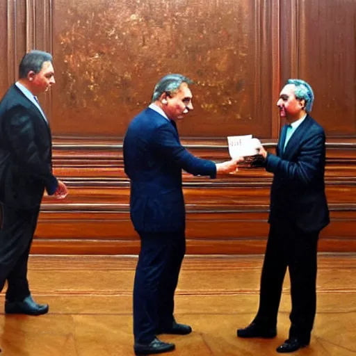 Image similar to viktor orban giving away cash, oil painting