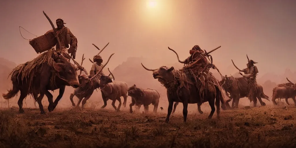 Prompt: ancient indian tribesman hunting on atv buffalo herd, wooden wheels, attacking, chase, action scene, an epic fantasy, dramatic lighting, cinematic, establishing shot, extremely high detail, photorealistic, cinematic lighting, artstation, octane render, by simon stalenhag, horizon forbidden west,old photo, high speed photography, vintage, extreme sports