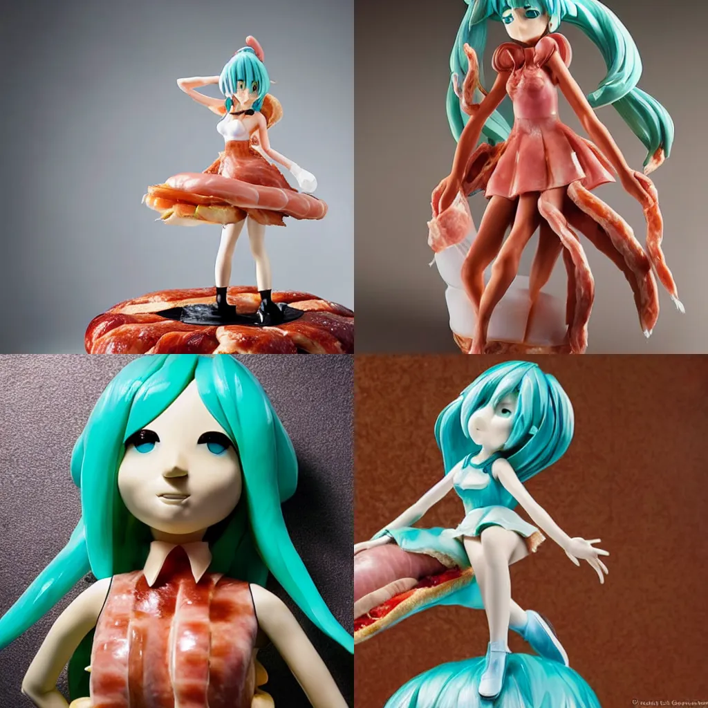 Prompt: a sculpture of hatsune miku made out of deli meats, michelin star food photography