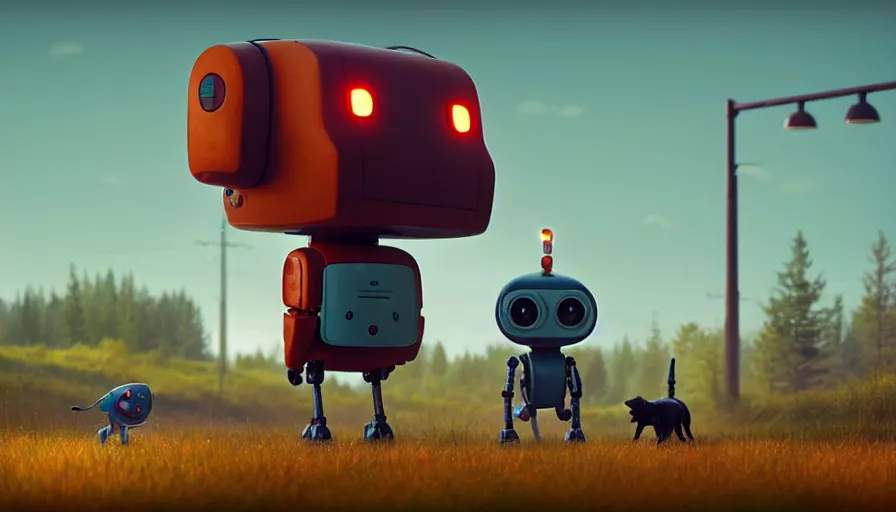 Image similar to tall cute robot with his best dog friend, by Simon Stalenhag, unreal engine, octane render, 8k, rule of thirds