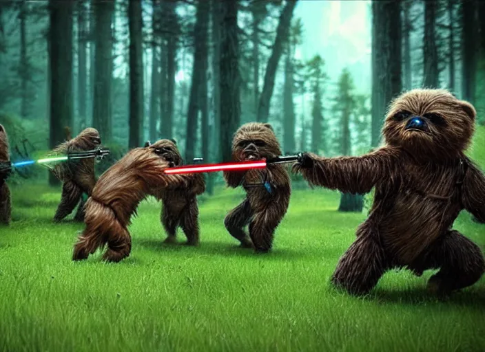 Image similar to Ewoks fighting with lightsabers, ultra realistic, cinematic