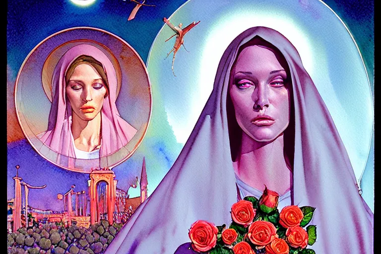 Prompt: a hyperrealist watercolour character concept art portrait of the virgin mary. there is twilight zone vibe. on well lit night in las vegas. there is a car. roses adorn. a ufo is in the background. by rebecca guay, michael kaluta, charles vess and jean moebius giraud