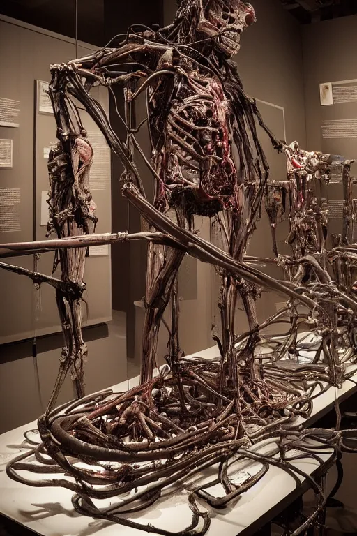 Image similar to inside a museum, a room where anatomical flesh body parts are piece of arts by Rob Bottin at night biomechanical, filth and grim, wires and strings, very detailed, ultra realistic photography, grainy image