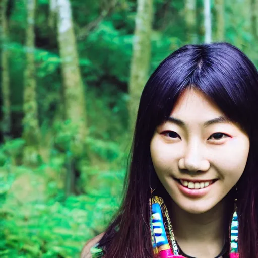 Prompt: a ultra high resolution close - up of asian woman from tai tribe in lush green forest. 1 8 years old. korean idol. photo from the front. cute and beautiful woman is smiling and has eye contact with the camera. face is clear and symetrical. the light is dim, and the colours are muted. kodak etkar 1 0 0.