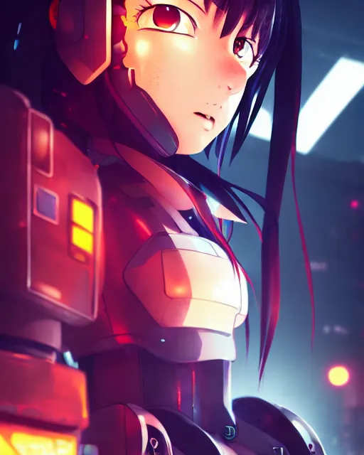 Image similar to portrait of anime girl in mechanic armor in night tokyo by makoto sinkai, my hero academia,cyberpunk, greg rutkowski, perfect face, fine details