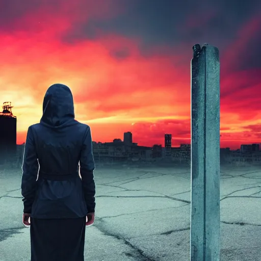 Image similar to hooded jacket woman standing in front of a post apocalyptic city with burning red sky