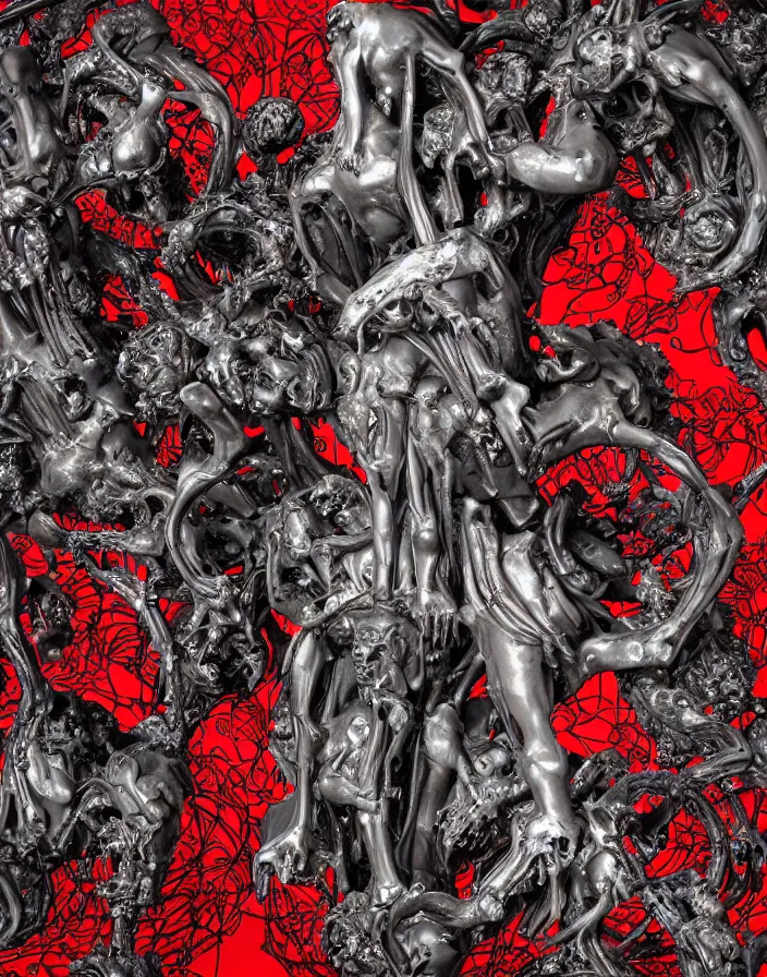Prompt: biomechanical The Gates of Hell by Auguste Rodin with bones and skulls black plastic and bubbling red wax. baroque elements, jellyfish, butterfly, phoenix head. burning wax. intricate artwork. halo. octane render, cinematic, hyper realism, octane render, 8k, depth of field, bokeh. iridescent accents. vibrant. teal and gold and red colour scheme