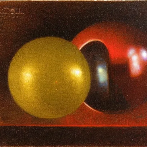 Prompt: chrome spheres on a red cube by jean francois millet