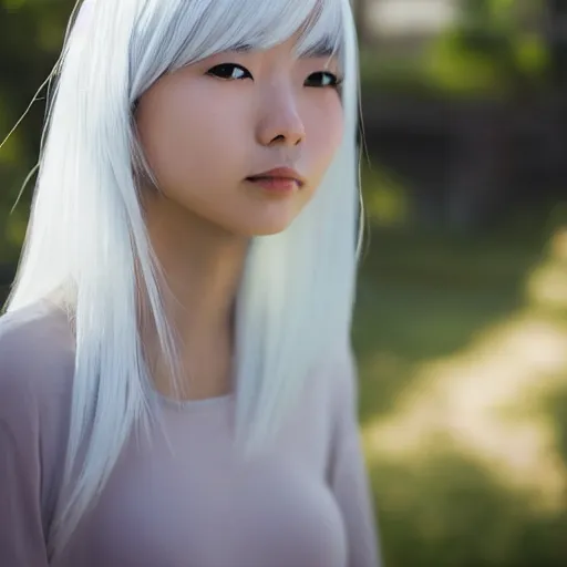 Image similar to Portrait of a japanese young lady with a long white, white hair!!!, white hair!!!, ayaka cosplay, white hair!!!, young with white hair!!!!!, Canon EOS R3, f/1.4, ISO 200, 1/160s, 8K, RAW, unedited, symmetrical balance, in-frame