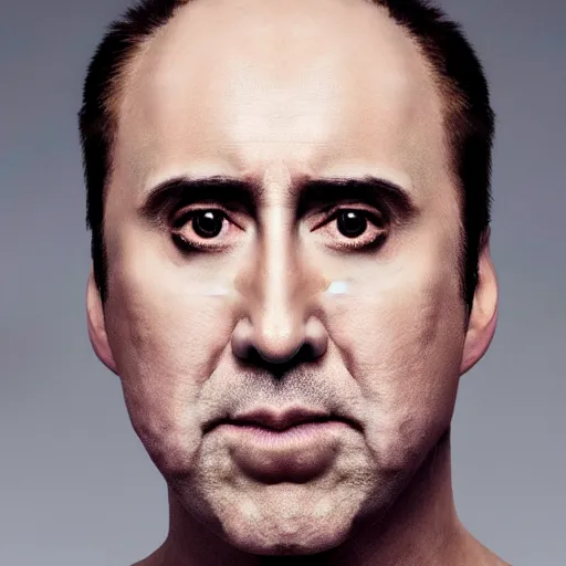 Image similar to portrait of bald nicolas cage neutral expression face straight on headshot even lighting no hair