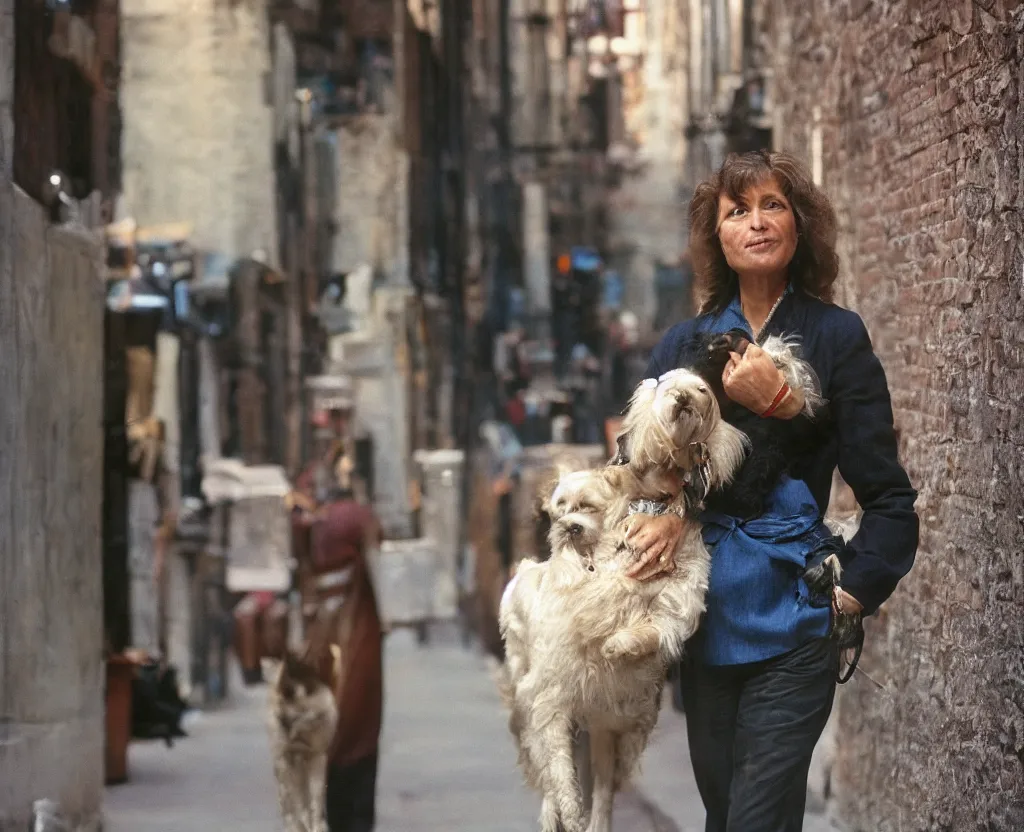 Image similar to closeup portrait of beautiful woman carrying a dog, smoky new york back street, by annie leibovitz and steve mccurry, natural light, detailed face, canon eos c 3 0 0, ƒ 1. 8, 3 5 mm, 8 k, medium - format print