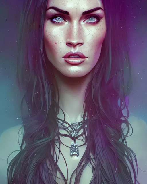 Prompt: highly detailed vfx portrait of megan fox as a witch, stephen bliss, unreal engine, greg rutkowski, loish, rhads, beeple, makoto shinkai and lois van baarle, ilya kuvshinov, rossdraws, tom bagshaw, alphonse mucha, global illumination, detailed and intricate environment