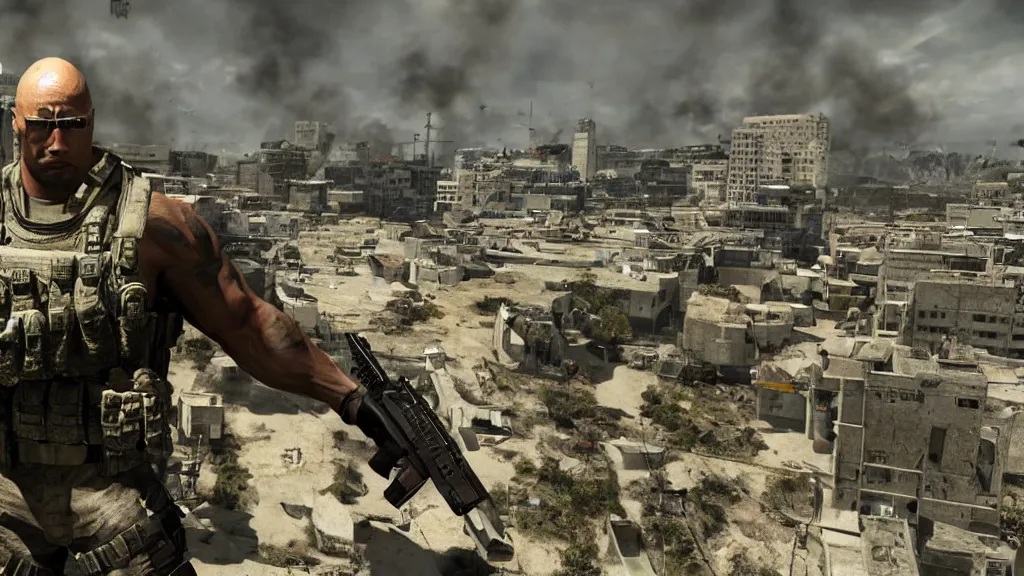 Image similar to dwayne the rock johnson, dwayne the rock johnson in the call of duty map highrise, modern warfare 2 highrise, screenshot