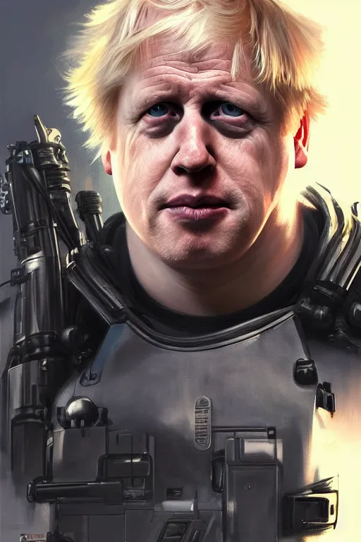 Image similar to Boris Johnson as Terminator, Boris Johnson hairstyle, full body realistic portrait, highly detailed, digital painting, artstation, concept art, smooth, sharp focus, illustration, cinematic lighting, art by artgerm and greg rutkowski and alphonse mucha