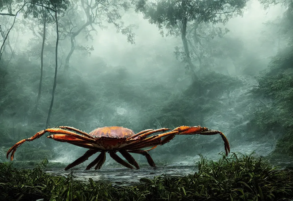 Image similar to an giant crab king emerging from the waters, in a jungle, ominous light from above, ambient light, fog, river, very poetic