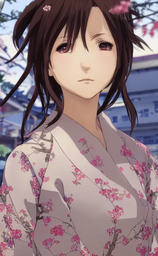 Prompt: anime style, gta 5, portrait of girl, yukata clothing, sakura tree in background, brown short hair, hair down, symmetrical facial features, from arknights, hyper realistic, happy eyes, extreme detail, 4 k drawing, safebooru, realistic lighting, by alphonse mucha, greg rutkowski, sharp focus, backlit