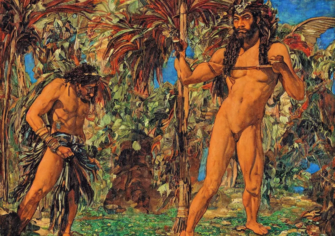 Image similar to a polynesian greek god searching through the streets of an abandoned village, sparse detail, complementary color scheme, by george luks, mati klarwein and moebius