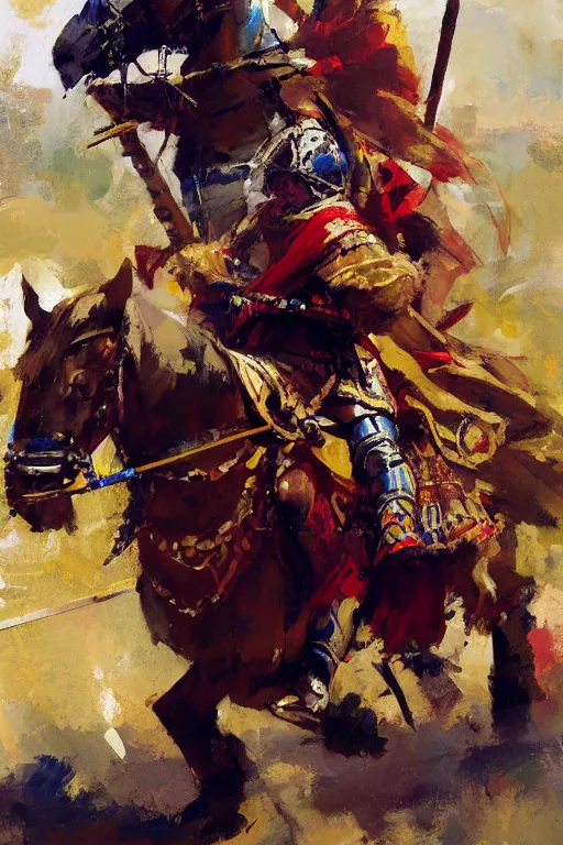 Image similar to close - up portrait of colorful rider holding jousting lance, caparisons, chainmail, by greg manchess, bernie fuchs, ruan jia, walter everett