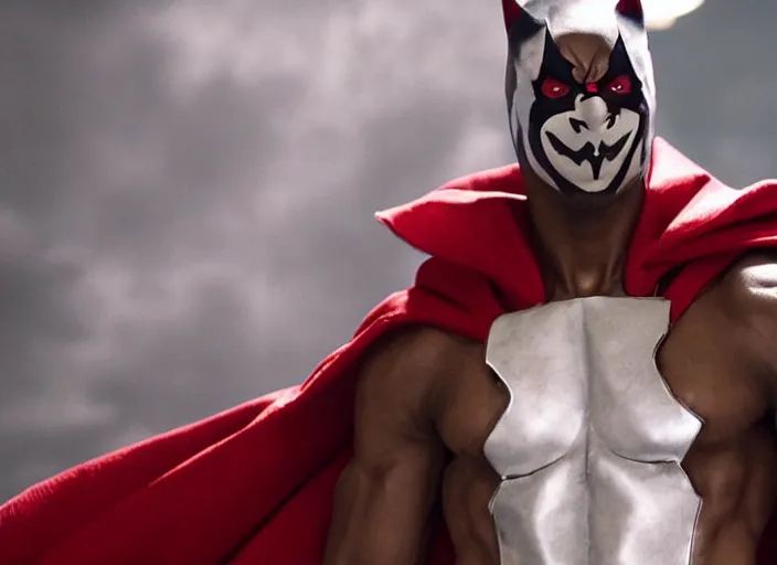 Image similar to film still of michael b jordan as spawn in the new spawn movie, giant chains, large cape, 8 k
