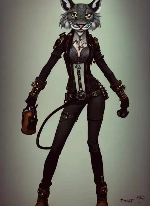 Prompt: wide angle beautiful full body portrait of a strong female anthropomorphic anthro lynx fursona wearing a steampunk leather. from behind, character design by disney, anime, manga, charlie bowater, ross tran, artgerm, and makoto shinkai, detailed, soft lighting, rendered in octane, white fur, white face, lynx facial features