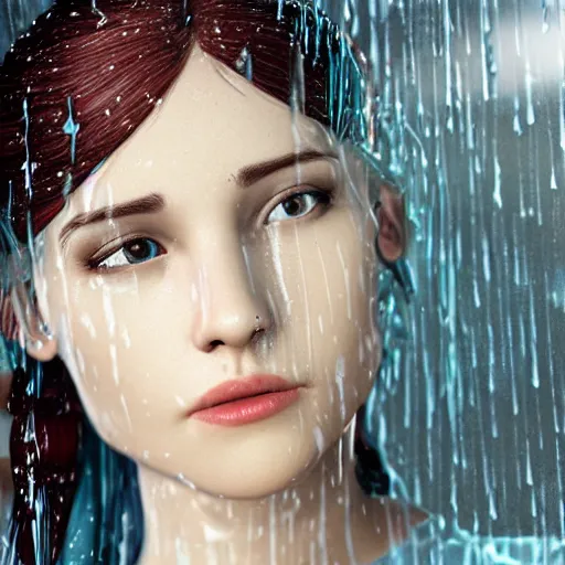 Image similar to a beautiful girl with long blue ponytail, bangs, pale skin, wearing red formal attire, highly detailed, 8 k, octane render, professional portrait, realistic oil painting, rainy window, water droplets frozen in time, god rays,