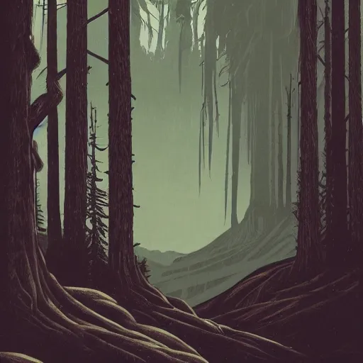 Prompt: ancient woodcut fern that depicts the forest, surrounded by mountains and clouds and thickets, at night. style of greg rutkowski and darek bonestell. trending on artstation. by raphael okamoto and thomas jones