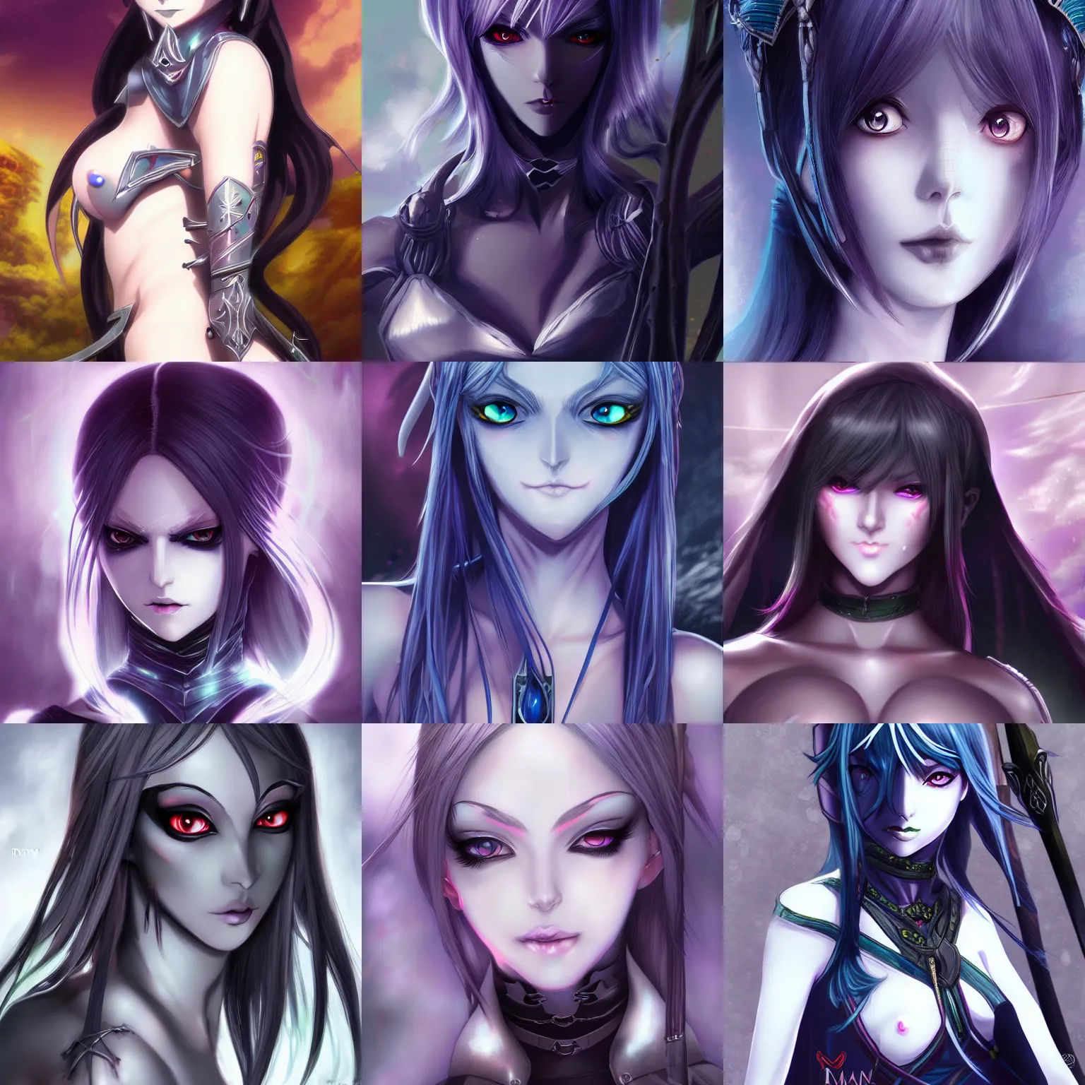 Prompt: dark elf maiden, drow, beautiful face, semi realistic anime, fantasy anime, tarot card, art by Masamune Shirow, Ilya Kuvshinov, cinematic, 4K