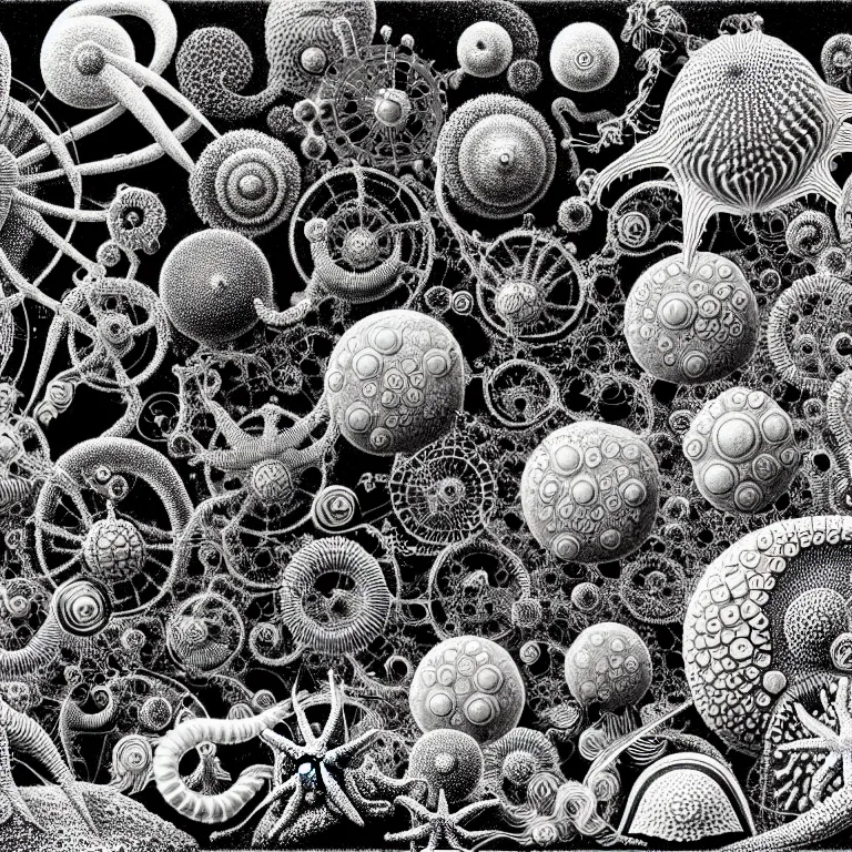 Image similar to a black and white drawing of a variety of sea life and filled with gundam mech equipment space station, a microscopic photo by ernst haeckel, zbrush central, kinetic pointillism, intricate patterns, photoillustration