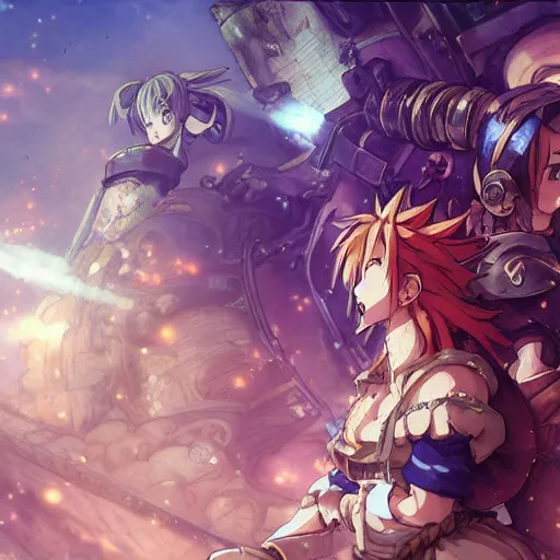 Image similar to steam punk, chrono trigger, detailed anime characters, starring crono, marle and ayla, vivid light, greg rutkowski, uhd, uhd uhd uhd, 8 k, shallow depth of field, intricate detail, concept art!