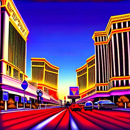 Prompt: las vegas in the future, city streets, golden hour, perspective artwork, photorealism