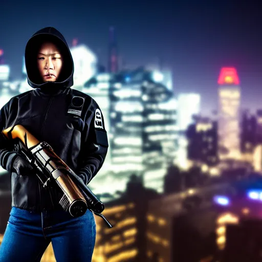 Image similar to photographic portrait of a techwear woman holding a shotgun, holding shotgun down, closeup, on the rooftop of a futuristic city at night, sigma 85mm f/1.4, 4k, depth of field, high resolution, full color, award winning photography, inspired by Kill Bill, inspired by John Wick, inspired by Die Hard, movies with guns, movie firearms