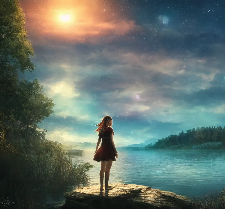 Image similar to girl in lake at night landscape with visible space sky, fantasy artwork, very beautiful scenery, hd, hdr, ue 5, ue 6, unreal engine 5, cinematic 4 k wallpaper, 8 k, ultra detailed, by popular digital artist,