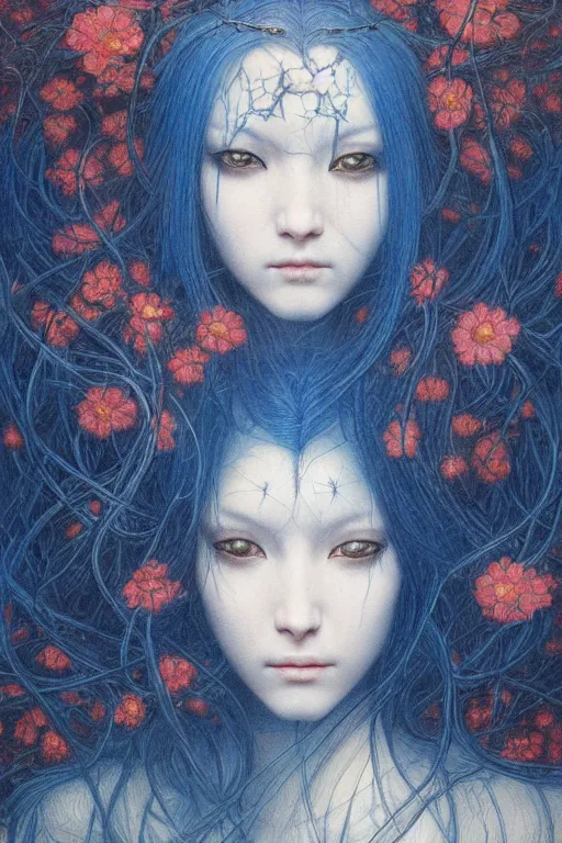 Image similar to portrait of beautiful young mainem, warhammer, japanic style, cyberpunk, a lot of scars, more and more flowers, blue head, the middle ages, highly detailed, artstation, illustration, art by jean delville, 8 k quality