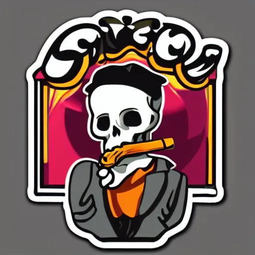 Image similar to a sticker illustration of a funny skull smoking