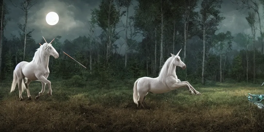 Image similar to morgan freeman riding an unicorn, in the middle of a forest, in the moonlight, night realism, 4 k, octane render, award winning photograph