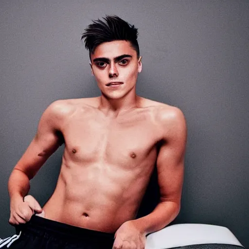 Image similar to a realistic detailed photo of a guy who is an attractive humanoid who is half robot and half humanoid, who is a male android, soccer player paulo dybala, shiny skin, posing like a statue, blank stare, in a living room, on display, showing off his muscles