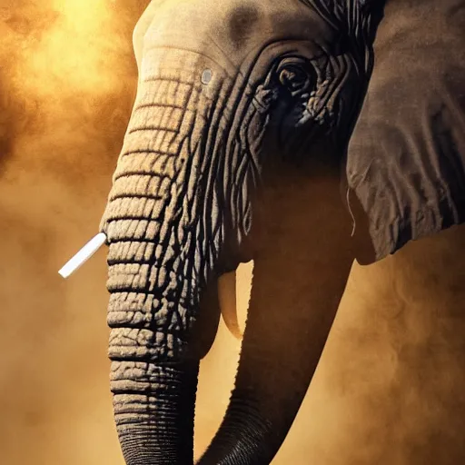 Prompt: ultra realistic photography, picture of ( subject : an elephant blowing smoke ). the scene is set in a gentlemens cigar lounge, a very smokey atmosphere, small thick clouds of cigar smoke, artstation, focus on the elephant, anatomically correct elephant features, extremely detailed and crisply sharp photo, hyperrealistic smoke, canon eos, 4 k