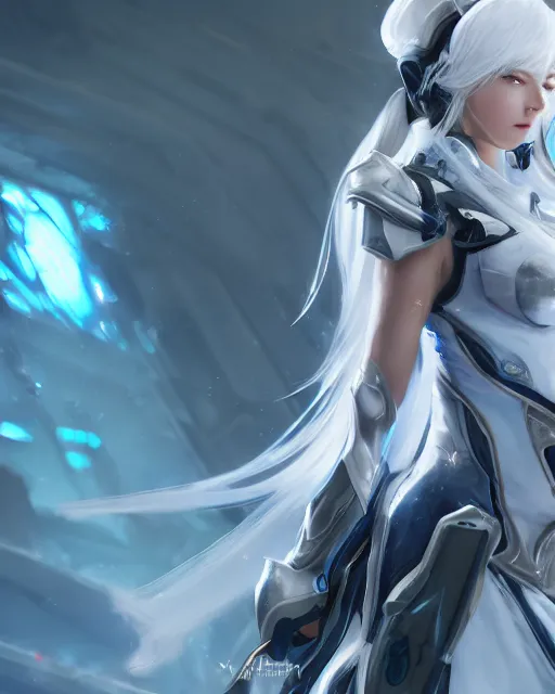 Image similar to perfect white haired girl, warframe armor, beautiful, dreamy, half asian, pretty face, blue eyes, detailed, windy weather, scifi platform, laboratory, experiment, 4 k, ultra realistic, epic lighting, cinematic, high detail, masterpiece, art by akihito tsukushi, akihiko yoshida, voidstar