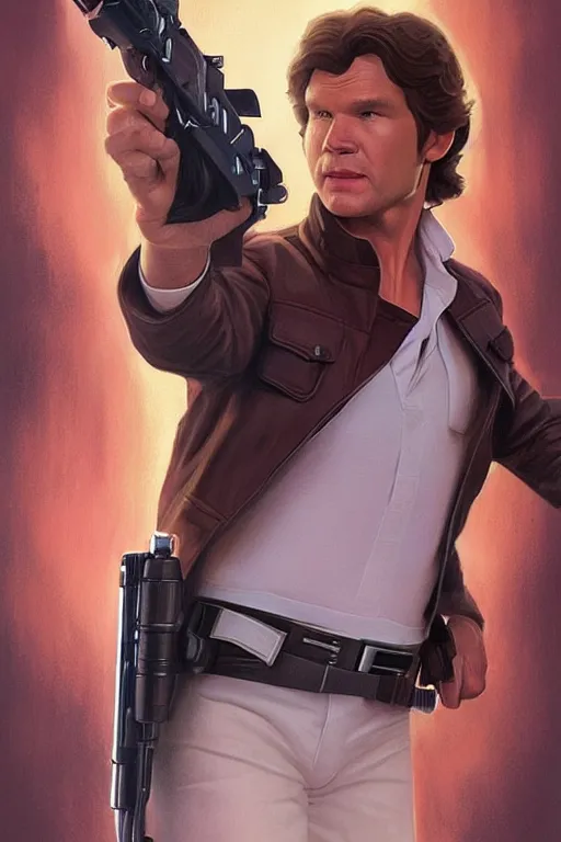 Image similar to han solo, action figurine toy, vaporwave, highly detailed, digital painting, artstation, concept art, smooth, sharp focus, illustration, art by artgerm and greg rutkowski and alphonse mucha