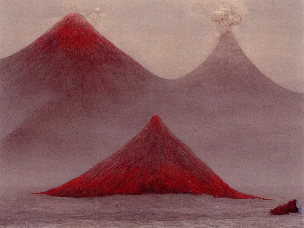 Prompt: Strange volcano made of cinnabar in the middle of the tsunami ocean. Painting by Beksinski, Roger Dean