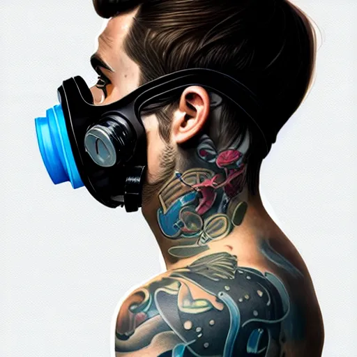 Image similar to a profile photo of a man with diving mask with tattoos on arm and neck, side profile in underwater, highly detailed, digital painting, artstation, concept art, smooth, sharp focus, illustration by Sandra Chevrier